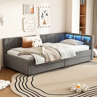 Merax Schlafsofa Tagesbett 90x200 cm mit Zwei Schubladen, LED-Lichtstreifen, USB+Type-C, Ablagefach am Bett, Bettrahmen mit Lattenrost (ohne Matratze), Leinen, Grau