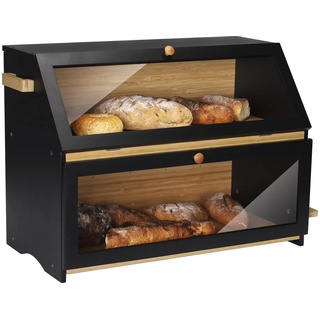 HOMEKOKO Doppelter übergroßer Brotkasten, zweilagig, extra große Brotbox für Küchentheke, Holz-Brotbehälter mit großem Fassungsvermögen, mit Schneidebrett (schwarz)