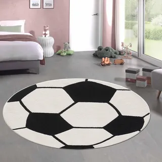 CARPETIA Kinderteppich Rund Fußball Schwarz Weiß 3D-Effekt Ø 160 cm