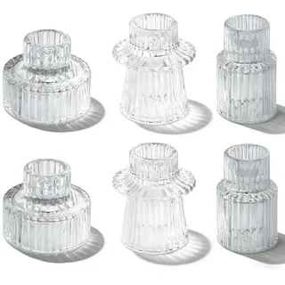 Accmuzzy Kerzenständer Glas 2-in-1 Stabkerzenhalter, 6er Set Kerzenständer für Stabkerzen,Klein Teelichthalter Transparent für Hochzeit Tischdeko,Esstisch Party,Weihnachten Advent,Vintage Deko