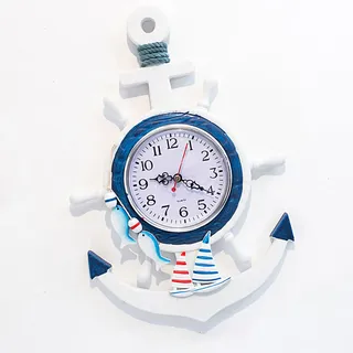 Dekorative Wanduhr Im Maritimen Stil, Blau-weiß, Mediterranes Design, Anker Und Steuerrad, Kreatives Design, 34 Cm Hoch, 23 Cm Breit