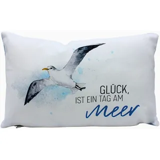 Dekohelden24 Zierkissen - Kuschel Kissen mit Botschaft, Dekokissen - Kopfkissen - Maritimes Kissen - Glück ist EIN Tag am Meer - L/B/H ca. 40 x 13 x 23 cm, 100% Baumwolle.