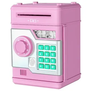 Coonoor Spardose Elektronisches Sparschwein, Geldtresor, Mini-Safe, Geldautomat, Fingerabdruck-Entsperrung Passwort Spardose Kinder rosa