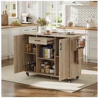 OKWISH Küchenwagen Rollbarer Servierwagen mit Schublade, Schrank & feststellbaren Rädern, (Packung, 1 St), Mobile Kücheninsel 120x43,5x92cm in Sonoma Eiche mit Klapptisch