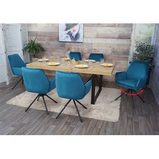 6er-Set Esszimmerstuhl HWC-G67, Küchenstuhl Stuhl Armlehne, drehbar Auto-Position, Samt türkis-blau, Beine schwarz