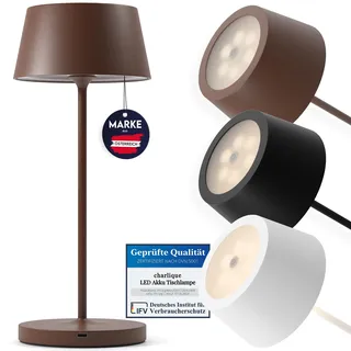 charlique® LED Tischlampe kabellos (braun 34 cm) - aufladbare Premium Akku Tischleuchte mit USB, Touch Lampe für Wohnzimmer und Garten, indoor, outdoor, wetterfest