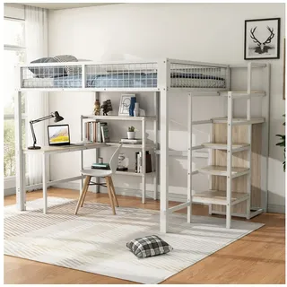 REDOM Kinderbett Funktionsbett Hochbett Metallbett Gästebett Jugendbett Eisenbett (aus Eisen mit Schreibtisch und Einbauschrank – ideal für Kinderzimmer und Studenten, platzsparendes Loft-Design, 140x200cm), ohne Matratze weiß