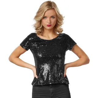 dressforfun 901013 Damen Pailletten Top, Glitzer Kurzarm Oberteil, schwarz - Diverse Größen - (M) - M