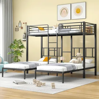 Idemon Schwarzes Dreier-Etagenbett 90x200 cm, Ohne Matratze | EN747‐zertifiziertes Metall‐Dreifach,mit Leiter, Fallschutzgitter und Tisch für Kinder,Kinder und Jugendliche