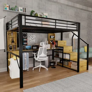 FAVSH Hochbett 140x200 cm mit Stauraum, Stabiler Eisenkonstruktion, Schreibtisch, Ablagefächern, Schrank und Stauraumtreppe, USB-Ladeanschluss am Tisch, ohne Matratze, Schwarz