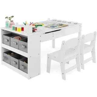 Kindertisch 3in1 Holz 2Stühle Maltisch kippbar Weiß mit 2 Ablagen