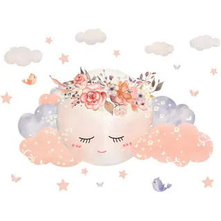 Wandtattoos Für Mädchenzimmer, 60 X 30 Cm, Rosa, Wolken- Und Mondmotiv, Sterne Und Blumen, Wanddekorationsgeschenk