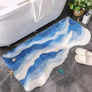 Tinideya Blue Ocean Waves Teppich, 3D-Badezimmerteppich, nautisches Design, rutschfest, getuftet, niedlich, waschbar, Badematten für Küste, Schlafzimmer, Badezimmer, Flur, Heimdekoration