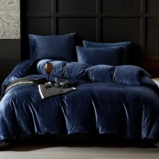 Lanqinglv Plüsch Bettwäsche 200x220 Flanell Flauschig Winterbettwäsche Biber,Warme Cashmere Touch ÖKO-TEX Bettwäsche Set Marineblau Bettbezug mit Reißverschluss und 2 Kissenbezug 80x80 cm