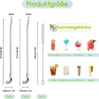 14-teiliges Cocktail-strohhalm-l√∂ffel-set Aus Edelstahl, Wiederverwendbarer Strohhalml√∂ffel Mit 2 Reinigungsbürsten, 2-in-1-l√∂ffel-strohhalme Für Shakes, Cocktails Und Smoothies