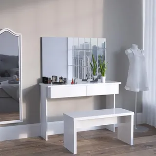 Vicco Schminktisch Azur, Weiß, 120 cm ohne Spiegel, mit Bank, Zwei leichtgängige Schubladen – Paletten, Pinsel & Schmuck sofort Sortiert
