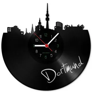 GRAVURZEILE Schallplattenuhr - Skyline Dortmund - Wanduhr aus gegossenem Vinyl mit Stadt Skyline 30 cm - Upcycling Design-Uhr Wand-Deko Vintage Wand-Dekoration Retro-Uhr - Made in Germany