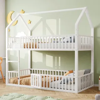 Merax Etagenbett 90x200cm mit Schutzgitter, Haus-Design mit Tür, Kinderbett Metallbett mit Treppe, Doppelbett stabil & sicher, Weiß - Weiß