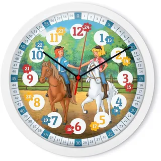K&L Wall Art Lautlose Kinder Wanduhr für Mädchen und Jungen langlebige Lernuhr Pferde Martinshof Bibi&Tina Kinderuhr Lesehilfe im Kinderzimmer (30cm Bibi & Tina)
