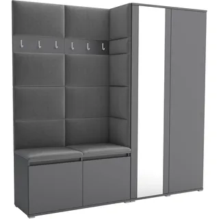 Brent - Flurgarderobe Luton 4, Garderobe Set: Schuhbank mit Sitzfläche, Garderobenpaneel, Garderobe mit Spiegel, Flur Möbel, Grau + Polsterpaneele in Hellgrau