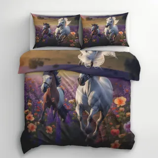 Generisch Pferd Bettwäsche 135x200 Pferd Blumen Motiv 2tlg, Weiche Mikrofaser Bettbezug & 1 Kissenbezug 80x80, Wendebettwäsche für Schlafzimmer Deko, Geschenke (O77)