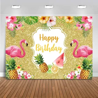 Avezano Sommerlicher goldener Flamingo-Hintergrund, tropisches Hawaii-Banner für Geburtstagsparty, Ananas-Blumen, Palmblätter, goldener Glitzer, Foto-Hintergrund (1,8 x 1,2 m)