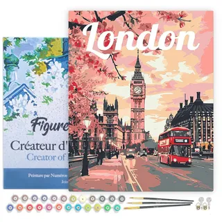 Figured'Art Malen Nach Zahlen Erwachsene Mit Rahmen Reiseposter London in voller Blüte - Paint by Numbers Basteln DIY Bastelset 40x50cm - Leinwand gespannt auf Holzrahmen