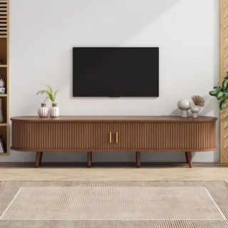 Merax TV-Lowboard 175 cm mit 2 Schubladen & Schiebetüren, ovales Design für TV bis 75 Zoll, TV-Schrank mit höhenverstellbare Füße, matt Walnuss - Braun