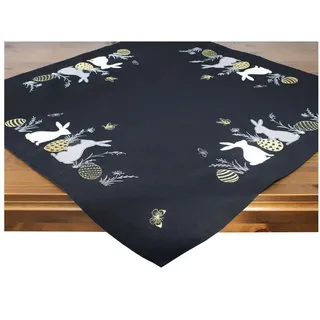 Delindo Lifestyle Tischdecke Mitteldecke/Tischläufer Osterhase schwarz (1-tlg), gestickte Osterhäschen schwarz quadratisch | 85 cm x 85 cm