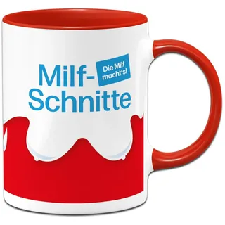 Tasse lustig mit Spruch: Milfschnitte - Kaffeetasse mit Milf Parodie - Scherzartikel - Geschenk für Kollegin, Freundin - Milfkaffee (Rot)