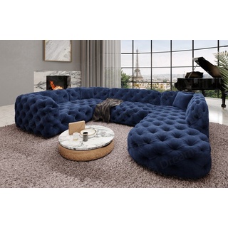 Sofa Dreams Wohnlandschaft Stoff Sofa Design Couch Lanzarote U Form Stoffsofa, Couch im Chesterfield Stil blau