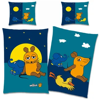 Die Sendung mit der Maus Kinder-Bettwäsche Night Blau 135 x 200 + 80 x 80 100% Baumwolle Renforcé / Linon-Qualität Sterne Mond Ente Elefant Wende-Bettwäsche mit YKK-Reißverschluss deutsche Größe