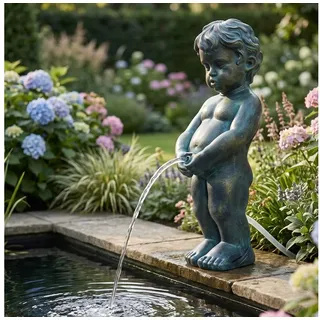 Arnusa Wasserspeier Solar Wasserspiel Junge klassisch Gartendeko 31 cm, Teichdekoration Teichfigur Springbrunnen ohne Strom grau