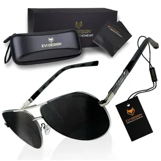 Aviator Sonnenbrille Herren Polarisiert UV400, klassische Pilotenbrille mit Metallrahmen, inkl. Etui & Zubehör-Set, EVI DESIGN, Schwarz - Schwarz
