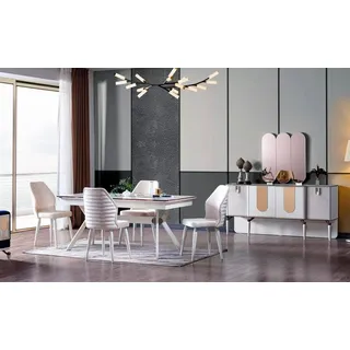 Xlmoebel Esszimmer-Set Elegantes Esszimmer-Set aus Holz mit modernen Stühlen und Sideboard, (8-St., 1x Esstisch + 6x Stühle + 1x Sideboard), Hergestellt in Europa weiß
