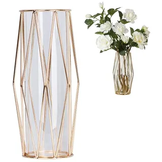 Perfuw Vase Glas Blumenvase Mit Geometrischem Metallständer, Kristallklare Terrarien Pflanzgefäß Knospen-glasvasen Für Blumen Hydroponikpflanze, Herzstück Für Zuhause/Büro/Hochzeit - Champagner Gold