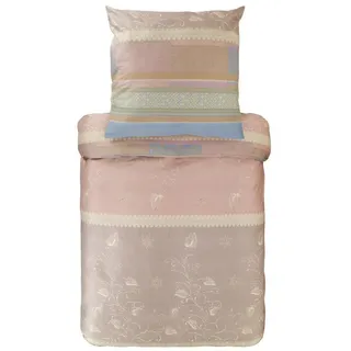Bassetti Bettwäsche Bassetti Mako Satin Bettwäsche Bernina Rosebeige 155x220 +80x80 cm, Mako-Satin, Mako-Satin, Streifen mit Blättern und kleinem, geometrischen Mustern beige|rosa