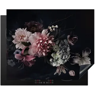 KitchenYeah© Herdabdeckplatte Einteilig Herdabdeckung Abdeckplatte für Ceranfeld Abdeckung Induktionskochfeld Aufrollbare Matte Blumen - Pink - Vintage - Pastell - Rosa - Schwarz - 65x52 cm