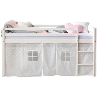 Homestyle4u Hochbett 90x200 mit Vorhang in Weiß Sterne 1888