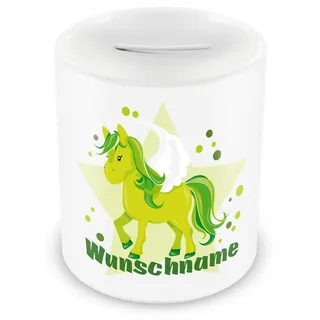 Samunshi® Kinder Spardose mit Namen und Grünes Einhorn als Motiv für Kinder - Jungen und Mädchen Sparschwein 330ml weiß