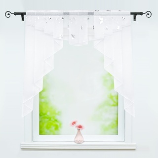 Delien Scheibengardinen 1 stück Voile Küche Bistrogardinen Café Kleinfenster Gardinen Kurzgardinen »Silberner Schmetterling« Kurzstores Kurzvorhang mit Kräuselband/Tunnelzug BxH 120x125cm,Weiß