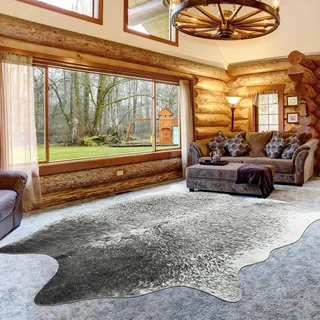 Rtizon Kuhfell-Teppich für Wohnzimmer, waschbarer Rindsleder-Teppich, große Kunsttierhaut, rutschfeste Kuhfell-Teppiche, 1,5 x 1,8 m, Rindsleder-Teppiche für Schlafzimmer, Büro, Küche, Kamin, Grau