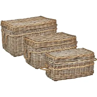 Aufbewahrungskorb 3er Set Natürlich Rattan Rechteckig Handgemacht mit Deckeln Griffen Boho-Stil Accessoires Deko Bad Schlafzimmer Wohnzimmer