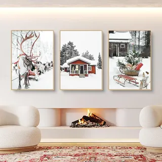 Herfair 3er Premium Poster Set, Moderne Natur Winter Weihnachten Elch Holzhaus Schneelandschaft Bilder,Leinwandbilder Wanddecor für Wohnzimmer Schlafzimmer Ohne Rahmen (A,40x50cm)