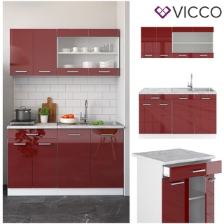 VICCO Küchenzeile SINGLE Einbauküche 140 cm Küche Rot Bordeaux Hochglanz R-LINE