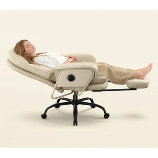 FLEXISPOT Luno 2-in-1 Chefsessel Bürostuhl mit Fußstütze & Lendenstütze, 90–165° verstellbar, für Büro, Wohnzimmer zum Arbeiten und Entspannen, kratzfestes & wasserabweisendes Kunstleder, Beige