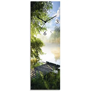 ARTLAND Wanddeko Wanduhr ohne Tickgeräusche Glas Funkuhr 20x60 cm Rechteckig Lautlos Landschaft Wald Natur See Sonne Urlaub Ländlich T0WD