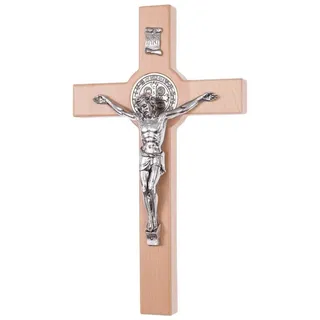 Luda Studio Wanddekoobjekt, Hölzernes Hängekreuz des Hl. Benedikt mit Christus beige