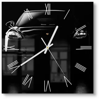 DEQORI Wanduhr 'Porsche Panamera Front' (Glas Glasuhr modern Wand Uhr Design Küchenuhr) schwarz 30 cm x 30 cm