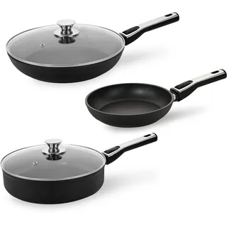 Genius Cerafit Plasma Pfannen Bratpfannen Deluxe-Set 5-tlg. Induktionsbratpfanne, Universalpfanne, für alle Herdarten, abnehmbarer Griff, Glasdeckel